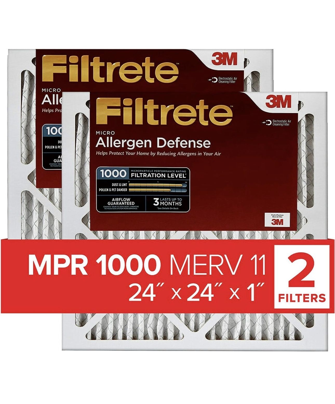 Filtrete 24x24x1, AC Furnace Air Filter, MPR 1000, Micro Allergen Defense, 2-Pack (exact dimensions 23.81 x 23.81 x 0.81)
