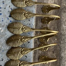 6 Vtg Brass Palm Leaves Coat Hooks Egyptian Style Hollywood Regency Wall Mounted