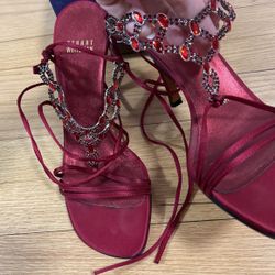 Stuart Weitzman 8 1/2 3” Red Satin Evening Sandal