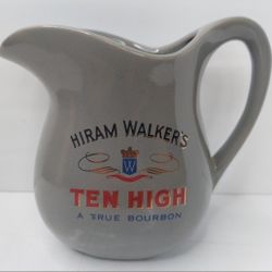 VINTAGE HIRAM WALKER'S "A TRUE BOURBON" CERAMIC ADVERTISING GRAY PITCHER 