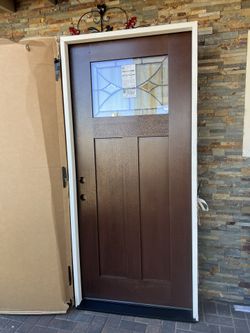 Regency 36 in. × 80 in. Right-Hand 1/4 Lite Radiance Decorative Glass Prefinished Russet Fiberglass Prehung Front Door