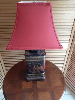 Vintage Wild Wood Tin Tea Candy Asian Style Lamp with Red, Silk White Inside Shade.