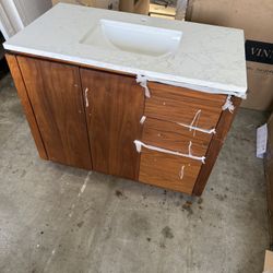Wooden Bathroom Vanity With White Marble Countertop