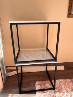 Marble-Look Side Table with Black Metal Frame