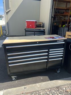 New Husky 52 in. W x 20 in. D Standard Duty Black Mobile Workbench Cabinet. SOLD AS IS