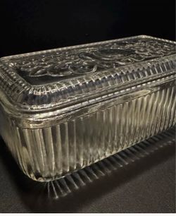 Vintage from the 1950s Anchor Hocking Rectangle Refrigerator Clear Glass Dish w/Embossed Fruit Pattern on Lid