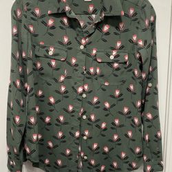 Loft Olive Green Floral Print Botton Down Blouse Shirt Top Women's Size M Medium 