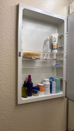 Medicine cabinet and bin full of assorted personal care products and more!