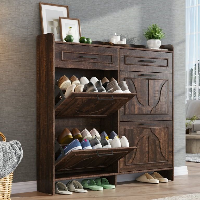 Shoe Storage Cabinet with 4 Flip Drawers&2 Drawers, 47''W Freestanding Shoe Storage Cabinet with Adjustable Shelves, Hidden Narrow Shoe Rack Cabinet S
