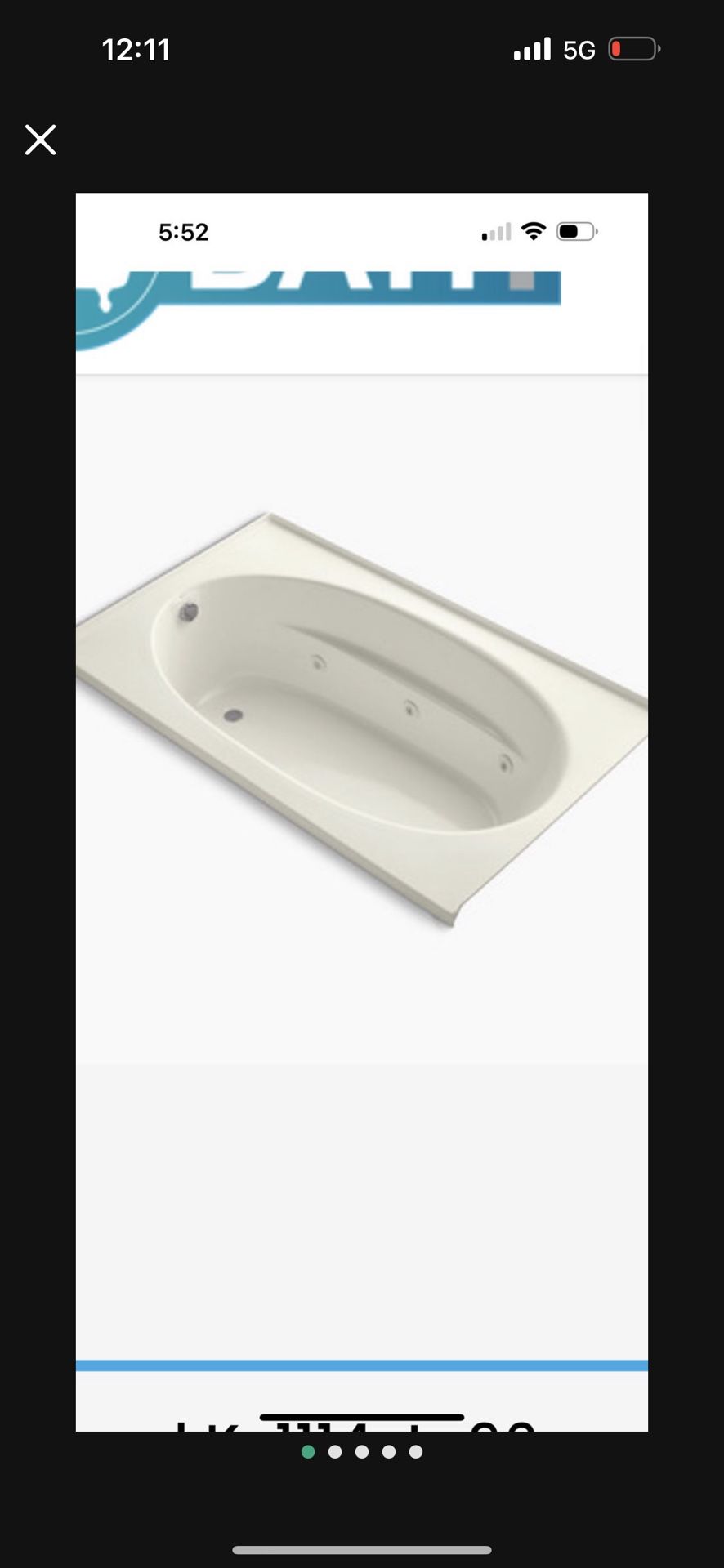 Kohler Sunward Collection 72" Undermount or Drop In Jetted Whirlpool Bath Tub with Reversible Drain