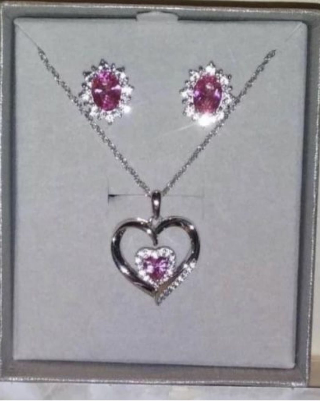 Sterling Silver With Real Diamonds And Pink Stone Necklace & Earrings