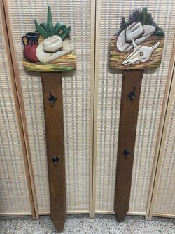 New 5 Ft Wood 🧢 Hat Rack $65 Each Artisan Carved Agave, 🌵 Cow Skull Design