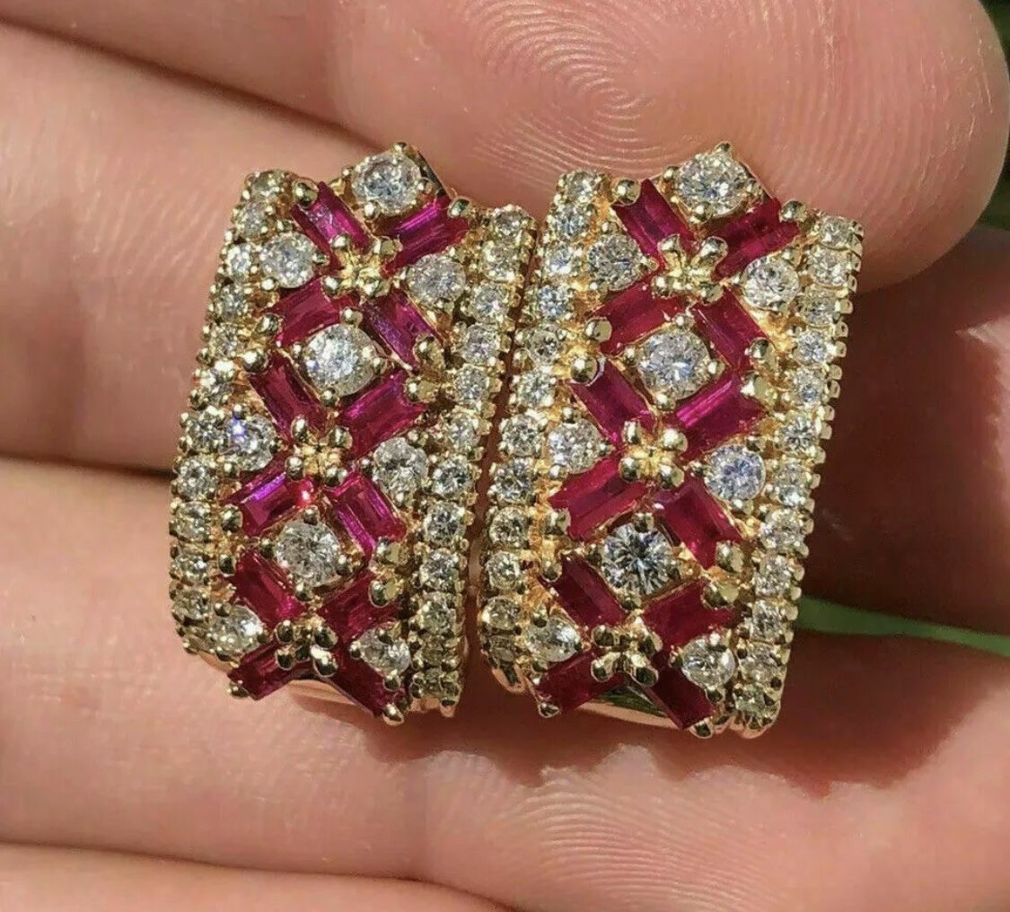 14K Gold 2Ct Baguette Red Ruby & Diamond Over Cluster Omega Back Earrings