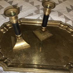 Boho Brass Platter And Mid Century Candle Sticks