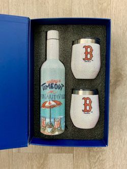 MLB Boston Red Sox Wine Bottle Set with Two 12 oz Tumblers Glasses Bedazzled Margaritaville