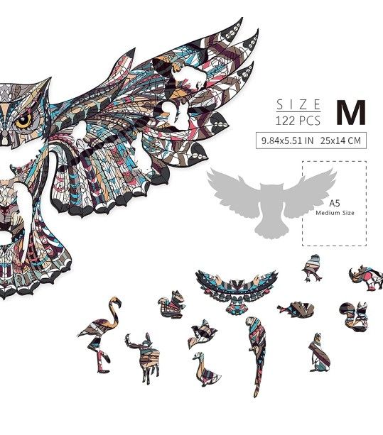 owl shaped sz A5 wooden puzzle, meditation, fun, stocking stuffer