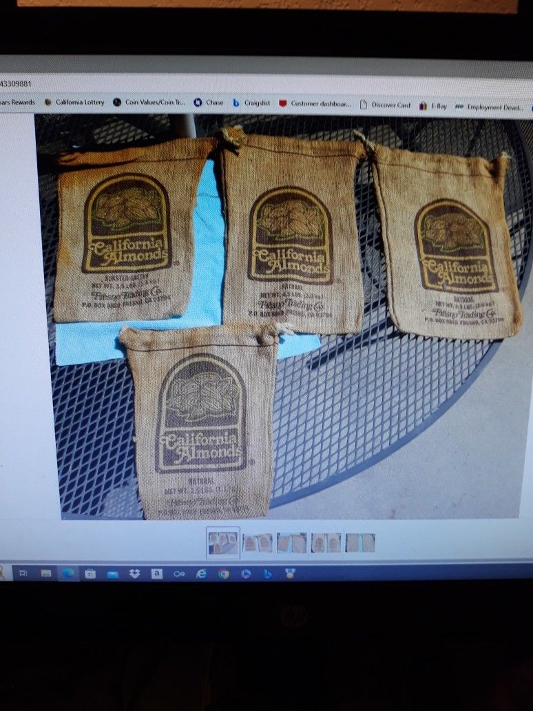 4 Burlap Gunny Bag Sacks. California Almonds.