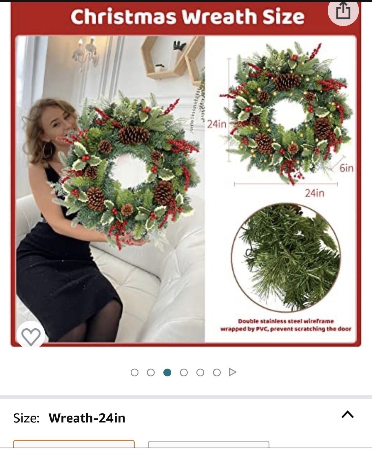 24 Inch Pre-Lit Large Outdoor Wreath with 50 LED Lights