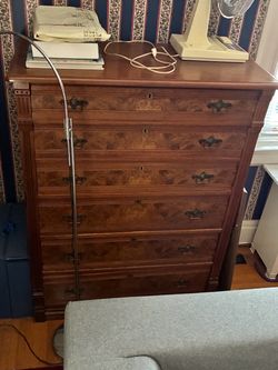 Antique Burl Wood Tall Chest of Drawers