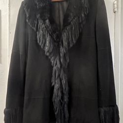 Black Suede Coat With Fur Trim 