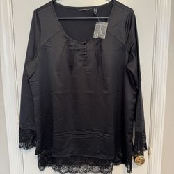 Isaac Mizrahi Live! Satin Blouse, Lace Hem & Cuffs, Size 12, Black