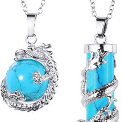 2Pc Dragon Wrapped round Ball Cylinder Gemstone Healing Crystal Pendant Necklace