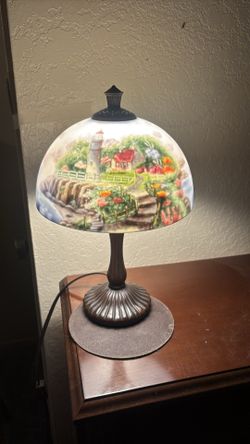 THOMAS KINKADE THE LIGHT OF PEACE REVERSE PAINTED TABLE LAMP LIMITED EDITION