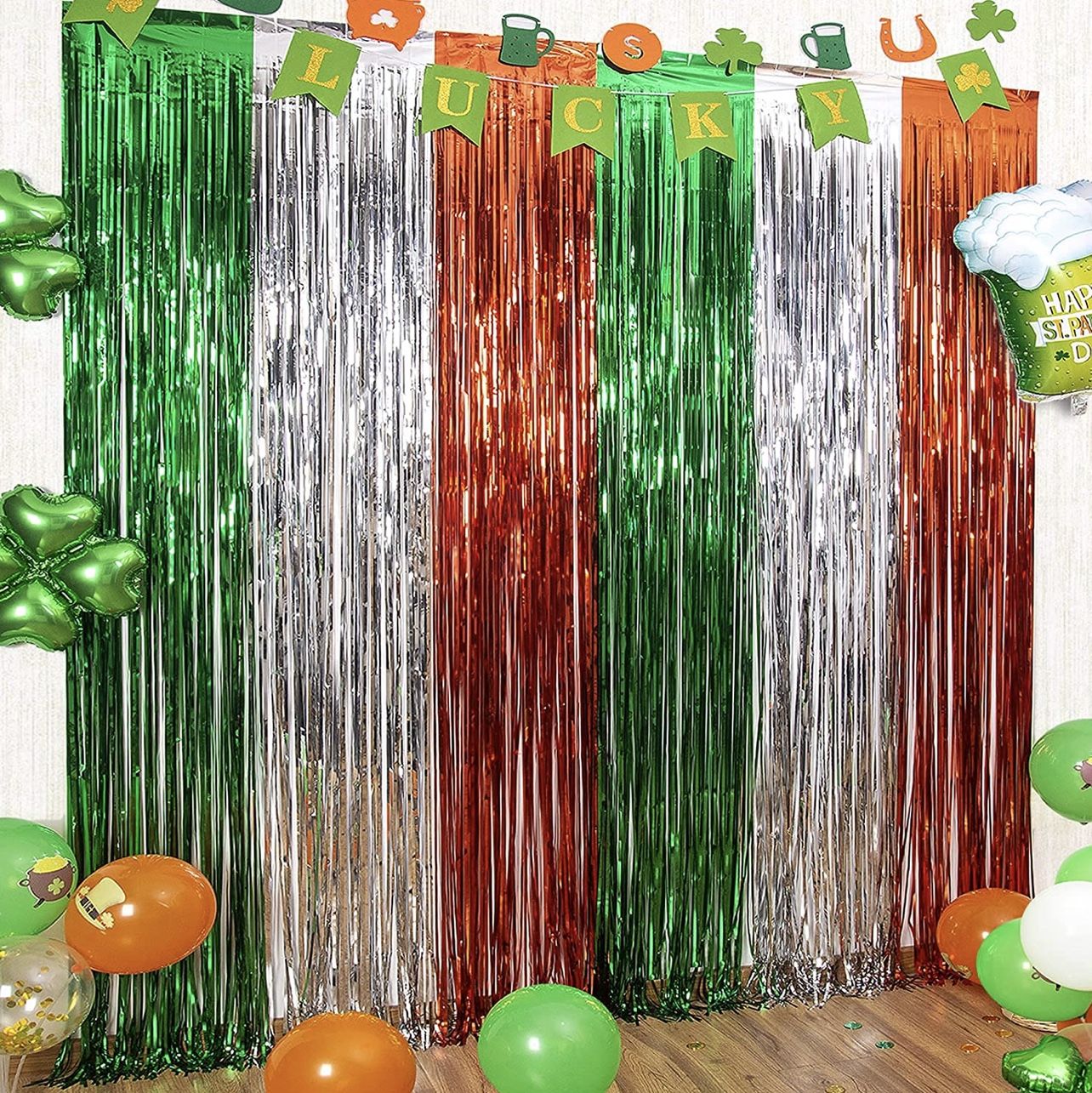 3 Pack St. Patrick's Day Foil Fringe Curtains St Patricks Day Party Decoration 3.3x8.2 ft Green White Orange Tinsel Fringe Curtain Photo Booth Prop St