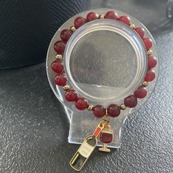 Hand Crafted One Of A Kind Beaded Bracelet Red Jade And Pyrite With Wine Bottle And Glass Charms