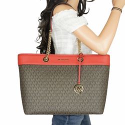 Michael Kors Shania Large East-West Chain PVC Signature Tote Red And Brown