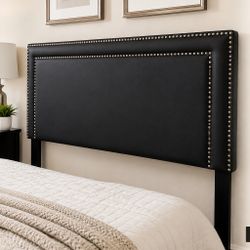 At Home Black Upholstered Queen Headboard with Nailhead Trim – 64” x 32”