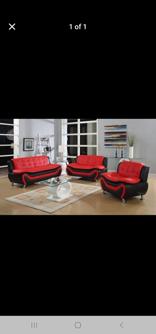 Brand New Black/Red 3pc Faux Leather Sofa Set.