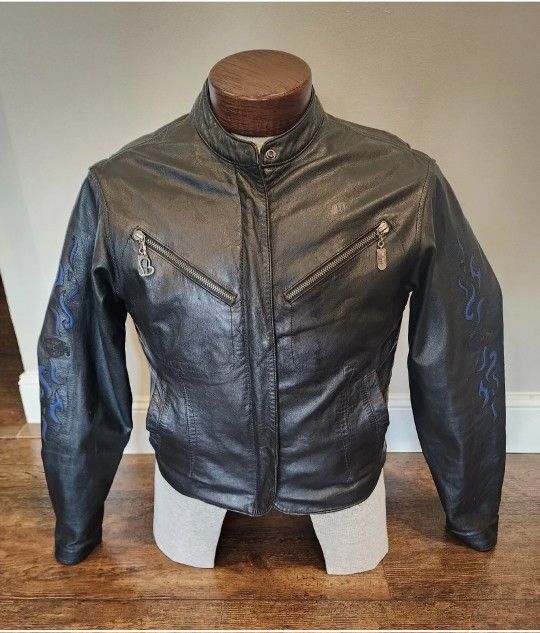 HARLEY DAVIDSON WOMENS LEATHER JACKET BLUE FLAME SLEEVES VINTAGE LARGE