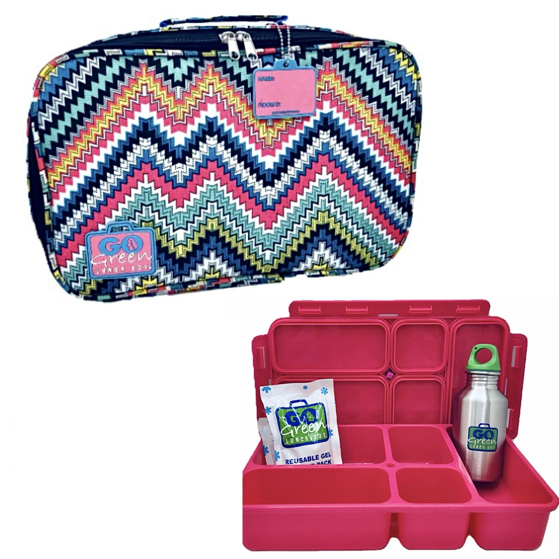 Lunch Box Set with Bento Box & Cover, Water Bottle & Ice Pack | Zig Zag Pattern