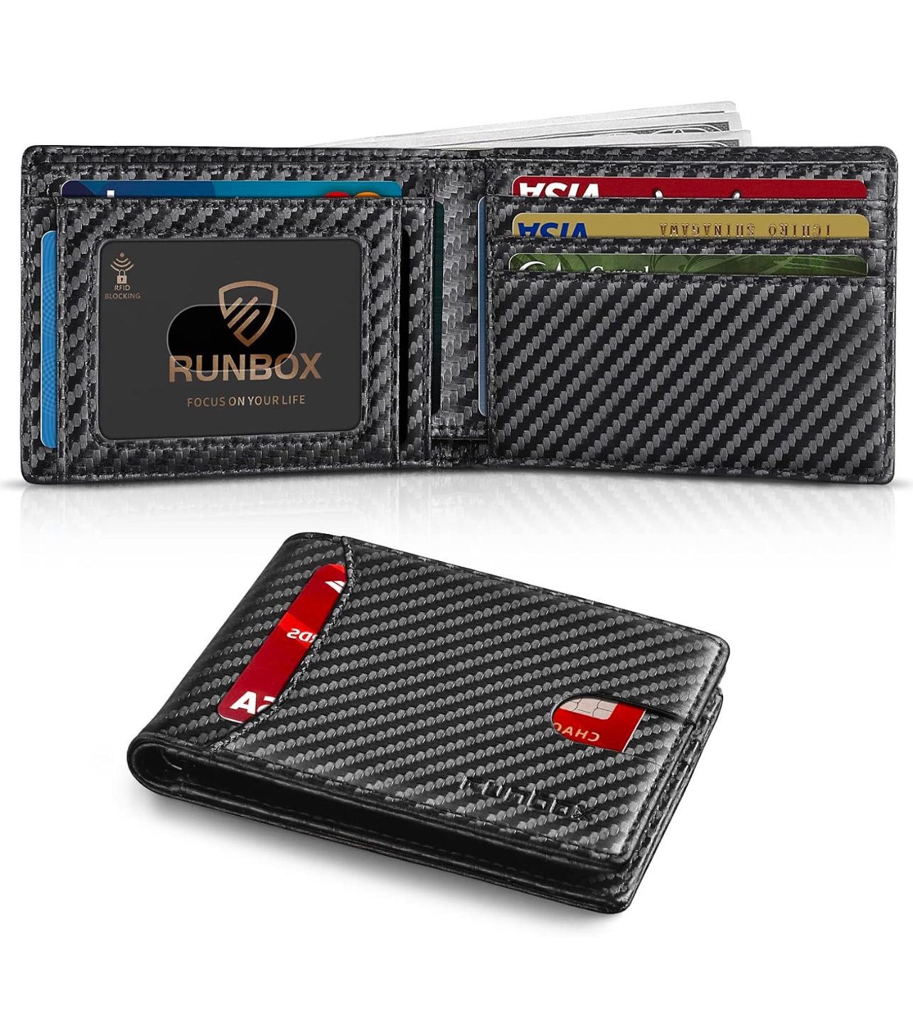 RUNBOX Wallet for Men Slim 11 Credit Card Holder Slots Leather RFID Blocking Small Thin Men's Wallet Bifold Minimalist Front Pocket Large Capacity Gif