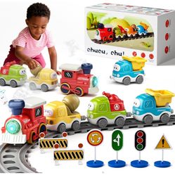 Electric Train Set for Toddlers with Sound & Lights, Magnetic Connection Train Toys with Tracks & Road Signs, Christmas Birthday Gift for 3 4 5 6 Year