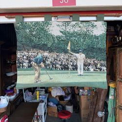 Vintage Golf Scene Tapestry Wall Hanging Augusta Style Putting Green Art 34x25