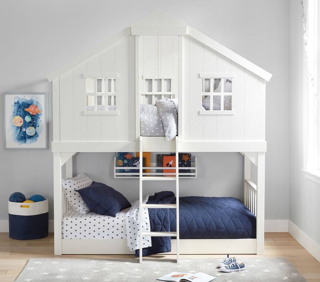 Pottery Barn Kids Tree House Twin-Over-Twin Bunk Bed in French White 