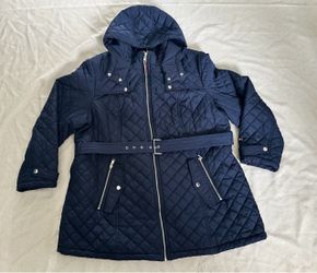 Tommy Hilfiger Navy Quilted Belted Hooded Jacket