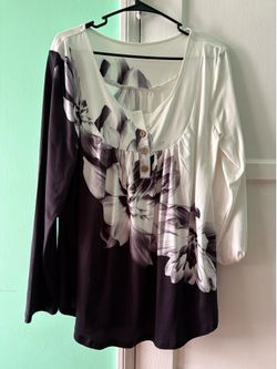 Floral Scoop-Neck Long Sleeve Blouse - Black & White
