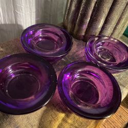 Beautiful Purple glass  Crate & Barrel Tealight Candle Holders 3” lot of 4 💜💜💜💜 One has chip in it ( not very noticeable )  You just notice the be