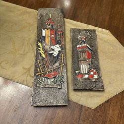 vintage ceramic decorative wall plaques featuring the towers of San Marino, likely produced by the Fratelli Meloni workshop in San Marino.  Material: 