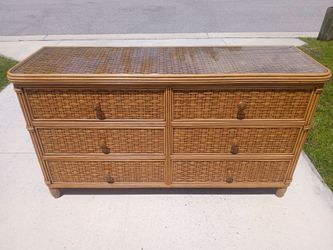 Boho Natural Wicker Dresser Glass Top