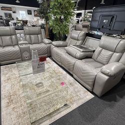 Leather Power Double Reclining Sofa With Wireless Charger, LED, & Cup Holder