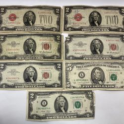 Lot of 7 1928, 1953, 1963, 1988 & 03 $2 & $5 Dollar Bills  Legal Tender Notes