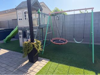Playhouse with slide and swing set