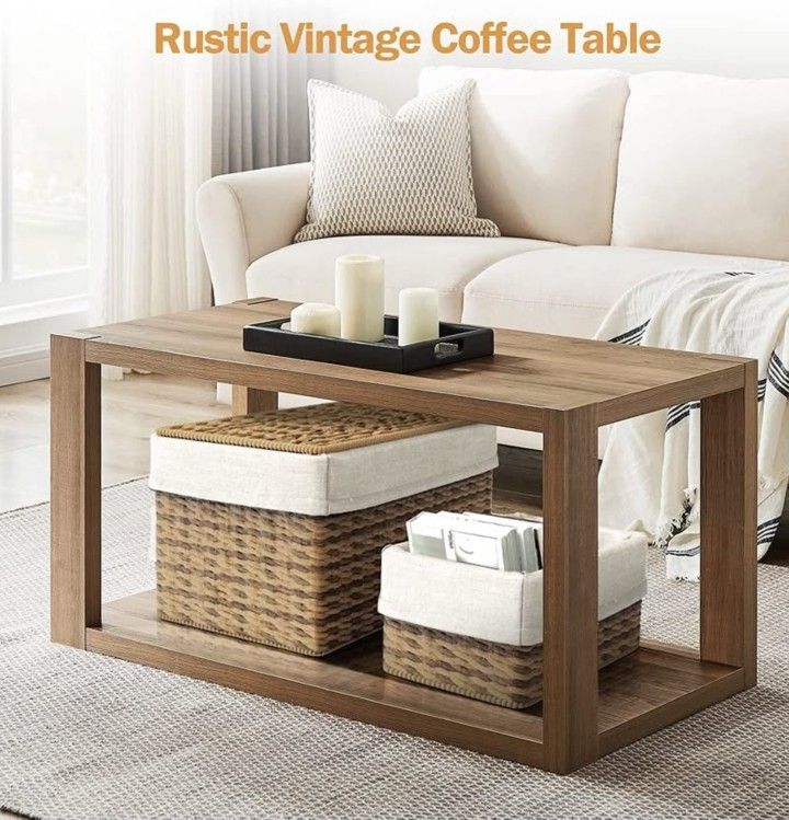 New Farmhouse Wood Coffee Table - Boho Table with Storage Shelf, Rectangle Center Table