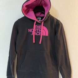 The North Face Black Pink Pull Over Fleece Hoodie Logo Sweatshirt Womens XS
