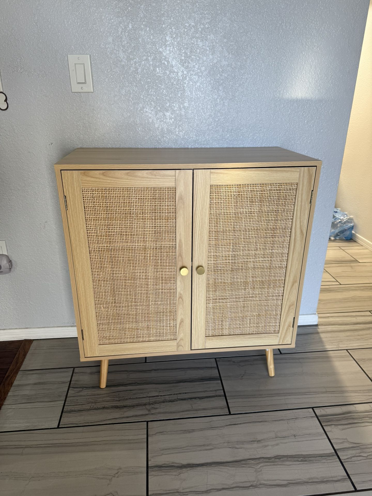 BRAND NEW !! Beige and Rattan Accent Cabinet