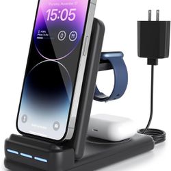 DNTGVUP Charging Station for Multiple Devices Apple - Foldable 3 in 1 Wireless Charger for iPhone 15/14/13/12/Pro/Plus/11/XS/XR/X/8, Charger Stand Com
